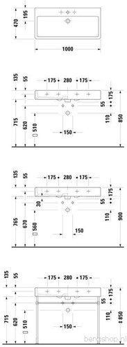 DURAVIT MEUBELWASTAFEL MET OVERLOOP MET 2X KRAANGATEN ONDERZIJDE GEGLAZUURD 1000 X 470MM WIT 0454100024