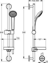 IDEAL STANDARD IDEALRAIN GLIJSTANGSET MET HANDDOUCHE S1 8CM 60CM 1 STAND MET TRANSPARANTE ZEEPSCHAAL CHROOM B9501AA