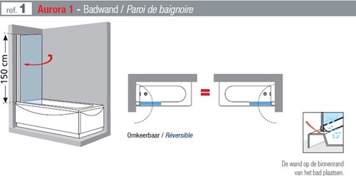NOVELLINI AURORA 1 BADWAND SPATSCHERM 1500 X 750MM (HXB) PROFIEL WIT 6MM GLAS HELDER AURORAN175-1A-2