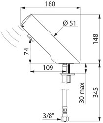 DELABIE TEMPOMATIC 4 ELEKTRONISCHE KRAAN CONTACTLOOS WERKT OP BATTERIJEN 3/8 UILOOP 109MM MESSING VERCHROOMD 440106