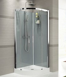 NOVELLINI VERDI R90 COMPLETE DOUCHECABINE KWART ROND 90X90 MET HELDERGLAS EN CHROOM PROFIEL INCL DOUCHEBAK MET REGENDOUCHE EN THERMOSTAATKRAAN ACHTERWAND WIT VERR90T-1KA
