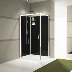 NOVELLINI VERDI 2P 120X80 LINKS COMPLETE DOUCHECABINE SCHUIFDEUR EN WAND MET HELDERGLAS EN CHROOM PROFIEL INCL DOUCHEBAK 15CM MET REGENDOUCHE EN THERMOSTAATKRAAN ACHTERWAND ZWART VER2P120ST-1KH