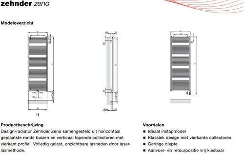 ZEHNDER ZENO DESIGNRADIATOR HORIZONTAAL MIDDENAANSLUITING 1184X500MM 399W WIT-RAL 9016-ZN12005005-2