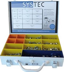 SYSTEC MOEREN GEVULD INHOUD STAAL VERZINKT 950 DELEN NORM DIN 934 / DIN 985 / DIN 3 A MOER DIN934/8 M8 140ST B MOER DIN934/8 M10 60ST C MOER DIN934/8 M12 40ST D BORGMOER DIN985 M6 200ST E BORGMOER DIN