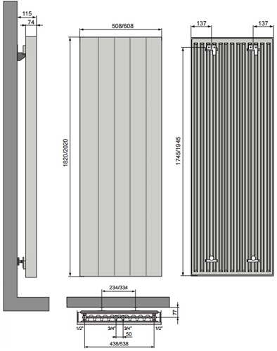 VASCO VERTILINE VD DESIGNRADIATOR VERTICAAL 2020X608MM 1915W (11207-08) -AANSLUITING 1188 WIT (RAL9016) 1120706082020118890162800-2