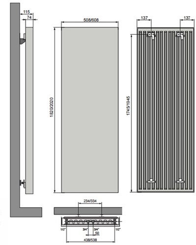 VASCO VERTILINE VG DESIGNRADIATOR VERTICAAL VLAK 2020X608MM 1915W (11166-08) -AANSLUITING 1188 WIT (RAL9016) 1116606082020118890162800-2