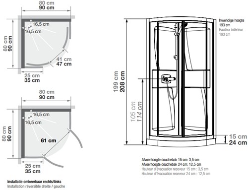 KINEDO KINEPRIME DOUCHECABINE KWARTROND DRAAIDEUR THERMOSTAATKRAAN LAAG 2000 X 900 X 900MM (HXLXB) P: WIT ALU 4MM GLAS HELDER CA5609TTN-2