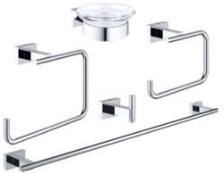 GROHE ESSENTIALS CUBE ACCESSOIRESET 5 IN 1 BADKAMER. M CLOSETROLHOUDER JASHAAK HANDDOEKRING EN HANDDOEKREK 60 ZEEPSCHAAL. CHROOM 40758001