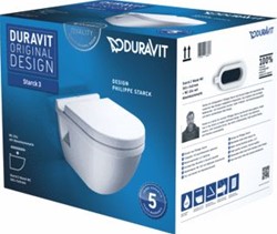 DURAVIT STARCK 3 WANDCLOSET PACK. MET: WANDCLOSET MET ZICHTBARE BEVESTIGING CLOSETZITTING MET DEKSEL EN SOFT CLOSE. WIT. 42000900A1