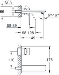 GROHE LINEARE NEW INBOUWMENGKRAAN AFBOUWDEEL M-SIZE WAND EENGREEPS 2-GATS G1/2 149MM VOORSPRONG UITLOOP VAST SUPERSTEEL 19409DC1