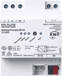 JUNG VOEDINGSEENHEID BUSSYSTEEM DIN-RAIL 30V 320MA 4-MOD KNX LED 1 SMOORSPOEL 1 LIJN 20320REG