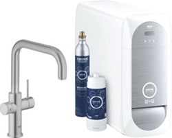 GROHE BLUE HOME 1-GATS KEUKENKRAAN MET DUO U-UITLOOP STARTERKIT MET WIFI BLUETOOTH CHILLED & SPARKLING 3X GEKOELD + 3X BRUISEND WATER SUPERSTEEL 31456DC1