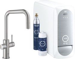 GROHE BLUE HOME 1-GATS KEUKENKRAAN MET DUO U-UITLOOP UITTREKBAAR STARTERKIT MET WIFI BLUETOOTH CHILLED & SPARKLING 3X GEKOELD + 3X BRUISEND WATER SUPERSTEEL 31543DC0