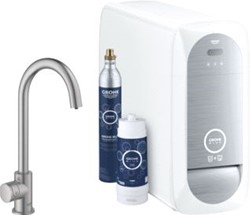 GROHE BLUE HOME 1-GATS KEUKENKRAAN MET MONO C-UITLOOP STARTERKIT MET WIFI BLUETOOTH CHILLED & SPARKLING 3X GEKOELD + 3X BRUISEND WATER SUPERSTEEL 31498DC1