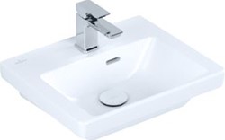 VILLEROY & BOCH SUBWAY 3.0 FONTEIN 450X370MM VOOR 1-GAT ARMATUUR KRAANGAT DOORGESTOKEN MET OVERLOOP. STONE WHITE CERAMICPLUS 437045RW