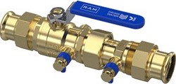 RAMINEX TERUGSTROOMBEVEILIGING TBE-EA / 35 X 35 MM GEBERIT MAPRESS / DN32 / PN10 / CONTROLEERBARE KEERKLEP KLASSE EA MET KOGELAFSLUITER EN AFTAPPER / RVS HENDEL MET ''DRINKWATER'' LOGO/ 283303