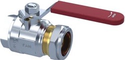 RAMINEX RAMINEX KOGELKRAAN S.28 1 X 28 MM BINNENDRAAD X KNEL DN25 PN10 MESSING VERNIKKELD HENDEL MET RODE HOES EN WIT OPSCHRIFT
