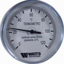 WATTS INDUSTRIES THERMOMETER KASTDIAMETER 80MM MAAT 1/2 DOMPELBUIS 50MM MEETBEREIK 0 120GRADEN C AANSLUITING AXIAAL (ACHTER) 825080112