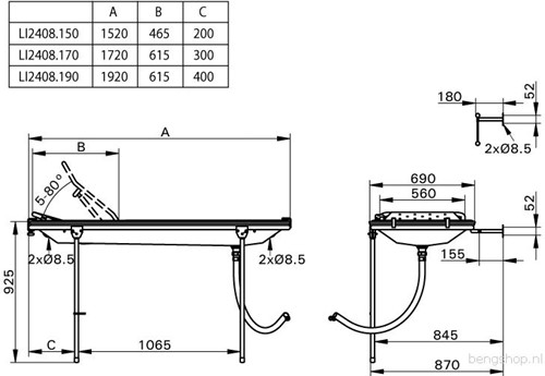 HANDICARE DOUCHERAAM 1690MM MET VERSTELBARE RUGSTEUN EN PVC OPVANGBAK ROESTVRIJSTAAL MET EPOXY COATING WIT LI24081704-02 LI2408-1704-02 LI2408.1704-02-2