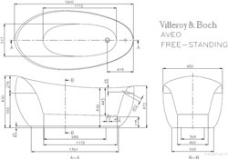 VILLEROY & BOCH AVEO QUARYL HALFVRIJSTAAND OVAAL LIGBAD MET POTEN 1900X950X443MM WIT ALPIN UBQ194AVE9PDV01