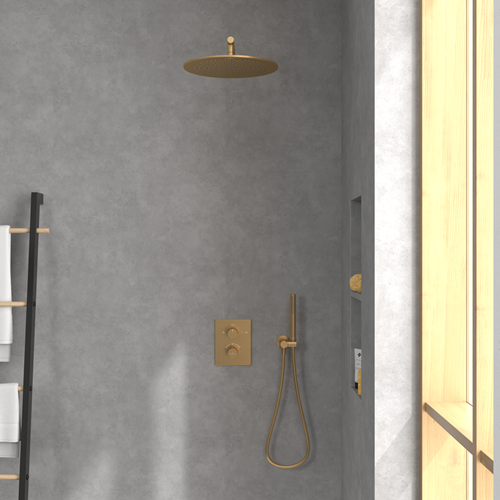 VILLEROY & BOCH UNIVERSAL TAPS & FITTINGS INBOUWTHERMOSTAAT MET TWEEWEG STOPKRAAN ,VOOR DOUCHE HOEKIG BRUSHED GOLD TVD00065300076-3
