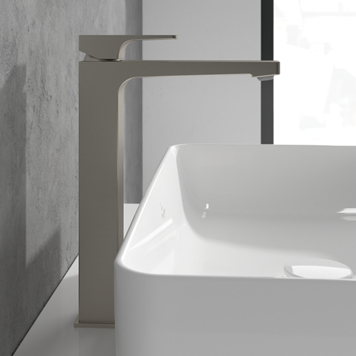 VILLEROY & BOCH ARCHITECTURA SQUARE EENGREEPS WASTAFELKRAAN VERHOOGD MET PUSH-OPEN AFVOERGARNITUUR BRUSHED NICKEL MATT TVW12500200064-2