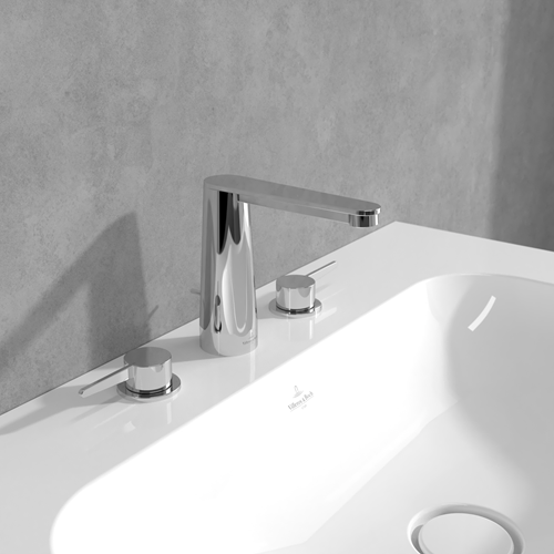 VILLEROY & BOCH CONUM DRIEGATS WASTAFELKRAAN MET TREKSTANG-AFVOERGARNITUUR CHROME TVW12700100061-2