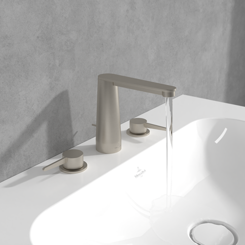 VILLEROY & BOCH CONUM DRIEGATS WASTAFELKRAAN MET TREKSTANG-AFVOERGARNITUUR BRUSHED NICKEL MATT TVW12700100064-3