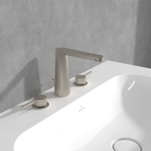VILLEROY & BOCH CONUM DRIEGATS WASTAFELKRAAN MET TREKSTANG-AFVOERGARNITUUR BRUSHED NICKEL MATT TVW12700100064-2