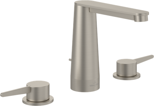 VILLEROY & BOCH CONUM DRIEGATS WASTAFELKRAAN MET TREKSTANG-AFVOERGARNITUUR BRUSHED NICKEL MATT TVW12700100064