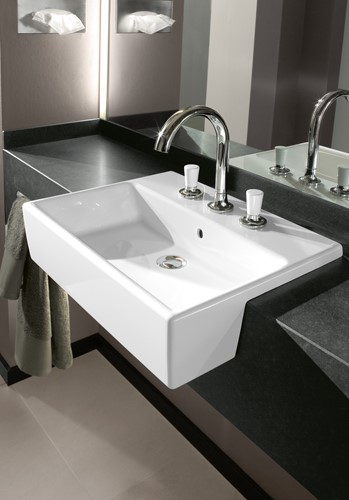 VILLEROY & BOCH MEMENTO VOORBOUWWASTAFEL HOEKIG 3-GATS KRAANGAT MIDDEL OVERLOOP 425 X 550MM (DXB) WIT ALPINE 41335501-2